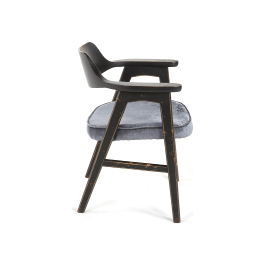 Side view of the Vintage Dining Chair, Antique Black/Pewter, featuring a black wooden frame with angled legs and curved armrests. The distressed wood has a gently sloped backrest and an upholstered seat in plush grey fabric for rustic charm and vintage appeal.