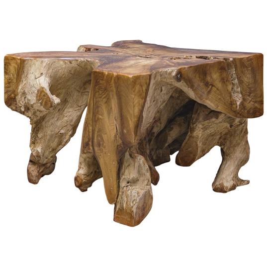 A rustic wooden table with a natural, rugged design, the Raiz Coffee Table features a thick, polished teak tree top with visible wood grain. It's supported by an uneven, organic base that resembles natural tree roots or driftwood. The overall look is earthy and artistic, highlighting the beauty of natural wood.