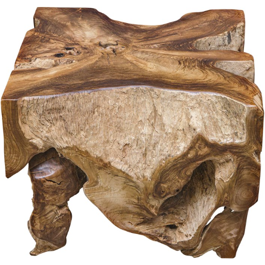 Introducing the Raiz Coffee Table: a rustic, square-shaped centerpiece crafted from a single piece of natural teak tree wood. It features an intricate, rugged surface with rich wood grain patterns, a rough-textured appearance, organic shapes, and hollowed-out sections that showcase its unique and earthy design.