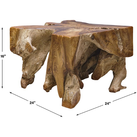 A rustic wooden coffee table made from a single piece of natural teak tree, with a rough, uneven surface and an earthy texture. This Raiz Coffee Table has an irregular shape with four sturdy, organic-looking legs. The table measures 16 inches in height and 24 inches in both width and depth.