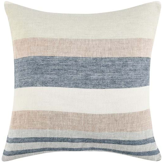 The Crawford Throw Pillow features a square design with handwoven wide beige, cream, soft pink, and blue stripes. The blue sections have a subtle herringbone pattern. It includes a luxury feather and down insert for enhanced comfort and style in home decor.