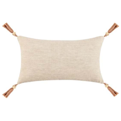 The Sherry Throw Pillow is a rectangular, handmade beige cushion with a soft texture, brown tassels on each corner, and a luxury feather insert for added comfort and elegance.