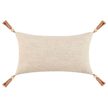 The Sherry Throw Pillow is a rectangular, handmade beige cushion with a soft texture, brown tassels on each corner, and a luxury feather insert for added comfort and elegance.