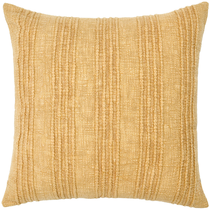 The August Yellow Throw Pillow features a warm golden yellow hue with textured vertical stripes and a woven raised pattern. A luxury feather insert offers plush comfort, while smooth edges add to its sophisticated style.
