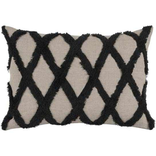 The Cairo Black Throw Pillow features a light beige background with textured black diamond patterns. It has bold, crisscross shaggy lines and a plush down insert for added comfort and elegance. Finished with neat edges, it enhances any space with luxury style.