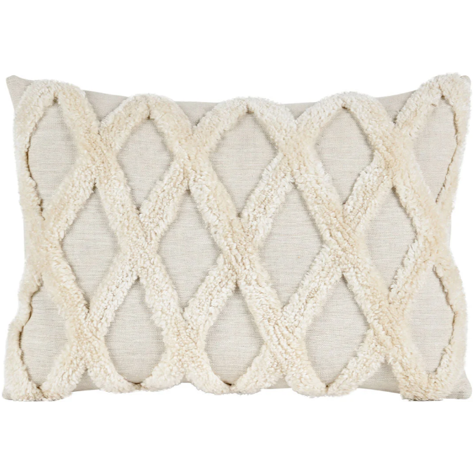 Cairo Ivory Throw Pillow with a textured diamond pattern in luxurious ivory plush fabric. The pattern consists of raised, overlapping diamonds in a lattice arrangement, giving the pillow a cozy, stylish appearance. Filled with a down insert, it offers both comfort and elegance.