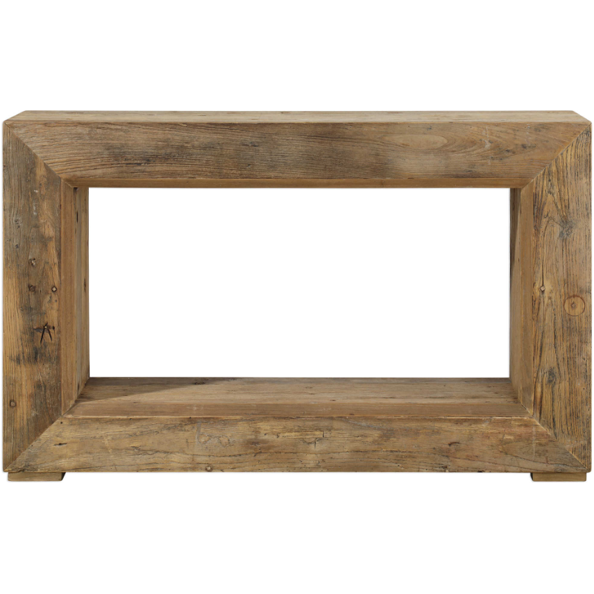 The Ridge Console Table features a beveled open center design, rustic weathered finish, and wide edges with natural wood grain, creating an open minimalist look perfect for modern or farmhouse decor.