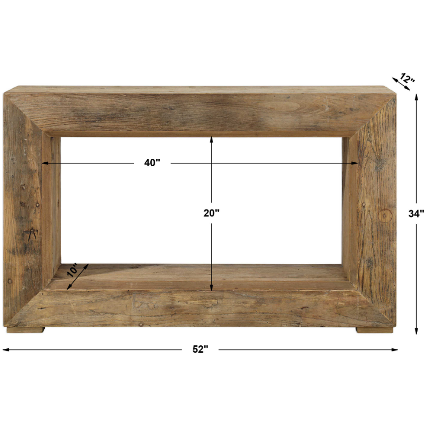 The Ridge Console Table is crafted from reclaimed elm wood with a rustic weathered finish. It features a beveled open center, measures 40" wide by 20" tall, and has sturdy 10" side frames for timeless appeal.
