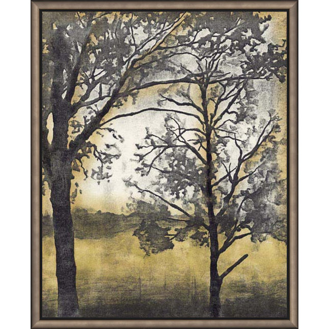 The "Tandem Trees Wall Art" is a framed painting showcasing two silhouetted trees with detailed branches against a misty backdrop in muted gray and yellow tones, creating an atmospheric and serene composition.