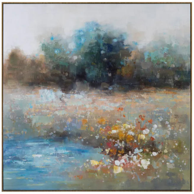 The Beckendorf is a vibrant abstract landscape painting on a hand-finished canvas, showcasing a blend of soft, blurred colors. The background highlights a dense cluster of trees in shades of green and blue, while the foreground displays patches of wildflowers in red, yellow, and white near a tranquil pond, exuding natural serenity.