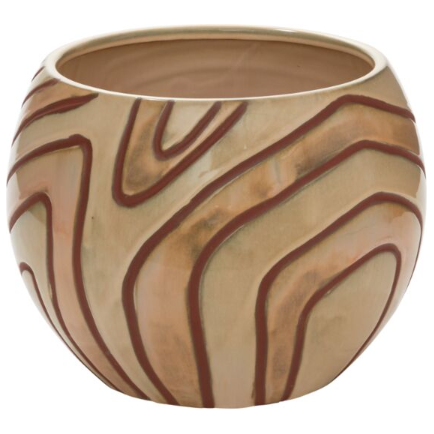 The Malina Pot is a round, ceramic planter with a smooth surface and wide opening. It boasts an abstract, natural pattern formed by decorative wavy lines in earth tones of brown and tan that wrap around its body. The interior is plain light beige.