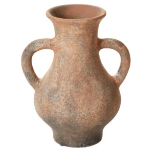 The Tupita Vase is a handcrafted terracotta piece featuring a wide mouth, rounded body, and two curved handles from neck to midsection. Its rough, weathered surface adds a rustic, ancient charm. Shown isolated on a white background.