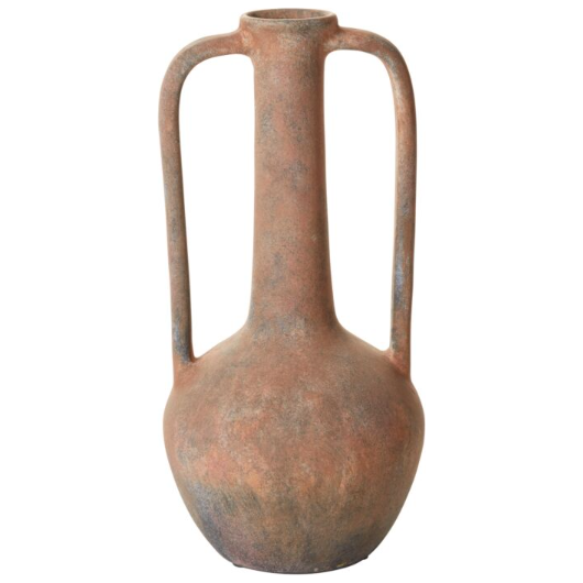 The Tupita Vase is a tall, rustic terracotta vase with a narrow neck, rounded body, and two elongated curved handles. It features an earthy weathered texture in brown and muted gray tones on a plain white background.