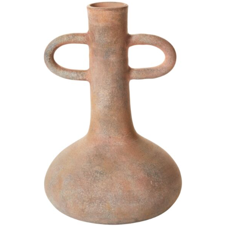 The Tupita Vase features a rustic, wide-bottomed terracotta design with a narrow neck and two rounded handles. Its earthy brown shades and weathered texture create a timeless charm, especially when set against a plain white background.