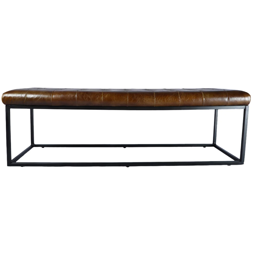 The Northwood Bench features a rectangular black metal frame and a cushioned seat upholstered in button-tufted brown leather with visible stitching, providing a sophisticated and rustic look. Its minimalist design makes it perfect for modern interiors.