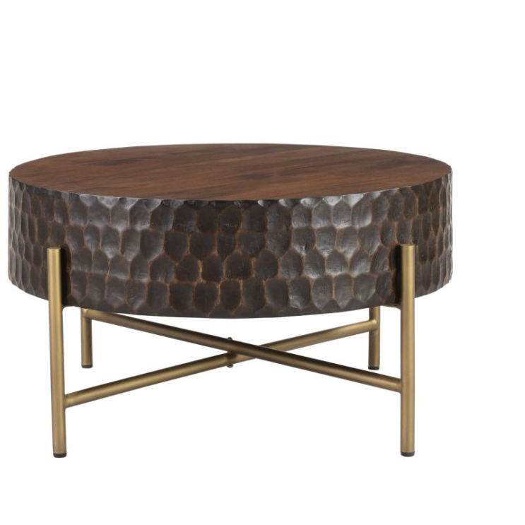 A round Cruz Coffee Table with a dark mango wood top and a textured metal base. The base features a unique hammered finish and is supported by intersecting bronze legs.