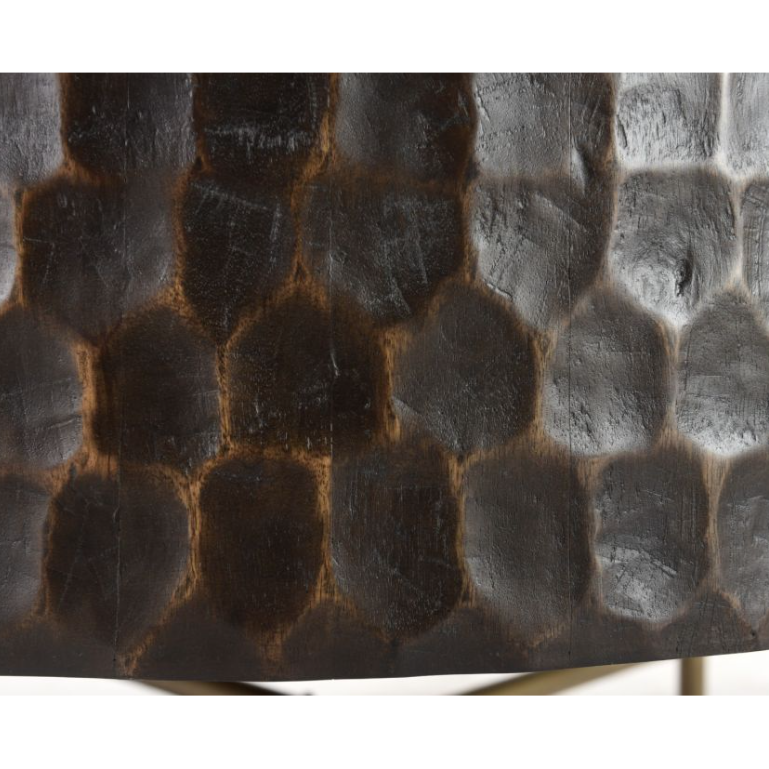 Close-up image of a textured surface with a pattern of dark hexagonal and pentagonal shapes, resembling mango wood, with variations in shade from light gray to black Cruz Coffee Table.