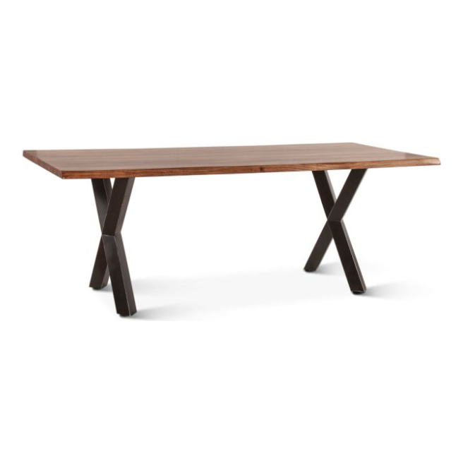 The Bisbee Live Edge 80" Dining Table features a rectangular top with smooth finish and natural wood grain, supported by sturdy X-shaped black metal legs. This table blends industrial design with modern minimalism, making it ideal for contemporary interiors.