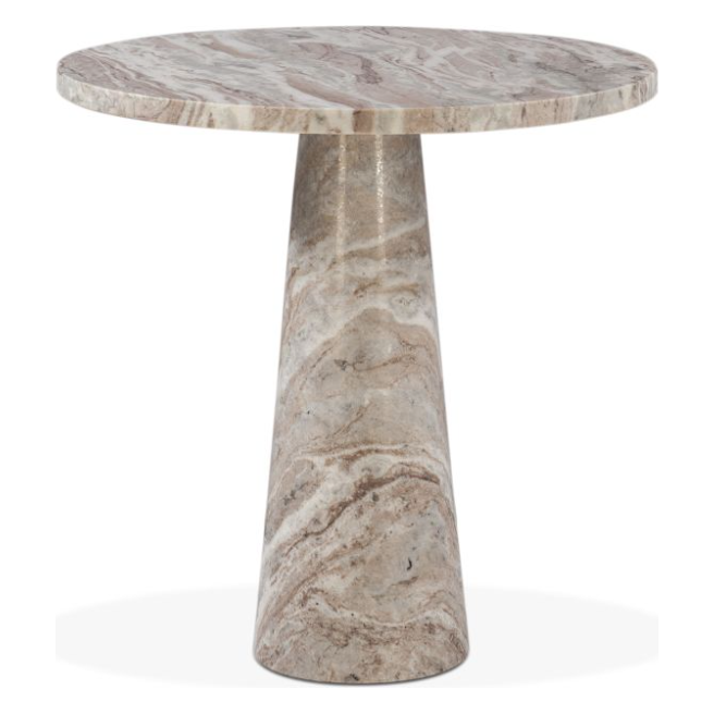A Nile 30" Dining Table with a veined pattern in shades of brown, beige, and gray. The tabletop rests on a conical pedestal base that matches the veining and colors of the tabletop. This polished dining room centerpiece is displayed against a white background.