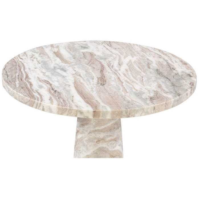 A round, Nile 30" Dining Table with a light brown and white veined pattern on the surface. The design continues down the single pedestal base, creating a cohesive look perfect for any dining room. The table has a smooth, polished finish, highlighting the natural stone's elegant and intricate texture.