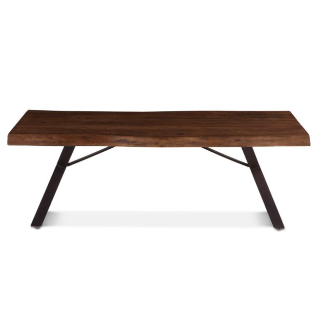 The Loft Natural Live Edge Coffee Table is a rectangular wooden table with a dark brown finish. It features a thick, flat tabletop crafted from Acacia wood and two angled legs made of black metal, forming an inverted "V" shape. The design is modern and minimalist, showcasing the natural grain of the wood and adding an industrial touch with its sturdy metal framework.