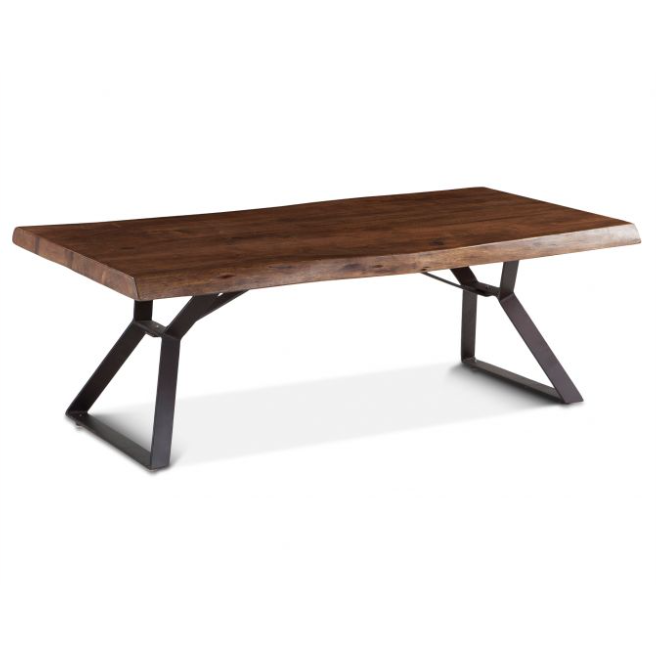 The Loft Natural Live Edge Coffee Table is a rectangular wooden coffee table with slightly curved edges, featuring an industrial touch. The rich, dark brown tabletop made of acacia wood showcases visible natural grain patterns. It is supported by two black, angular V-shaped metal legs connected at the base for stability.