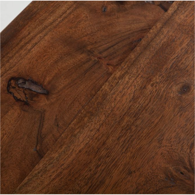 Close-up of two brown Acacia wood planks with a rich, reddish-brown finish from the Loft Natural Live Edge Coffee Table. The wood grain is prominently visible, showcasing natural knots and variations in color. The planks are positioned at an angle to each other, adding an industrial touch and highlighting the texture and organic patterns.