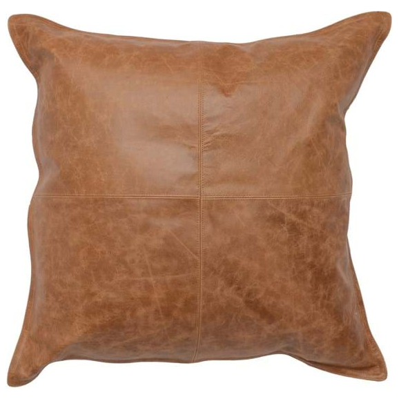 The Chestnut Leather Throw Pillow measures 22x22 and features smooth, tan brown leather with cross-shaped seams. The slightly distressed cover and plush feather down insert create a plump, standout look with pointed corners.