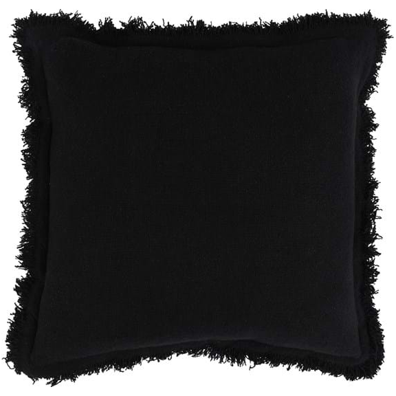 The Lori Black Throw Pillow is a 22x22 square cushion exuding understated luxury with its black color, fringed borders, soft textured fabric, and plush feather and down insert. The image displays it against a white background, highlighting its cozy and decorative appeal.