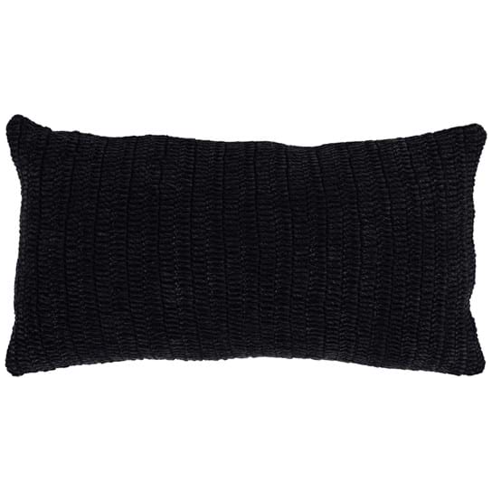 The Rita Throw Pillow is rectangular and black with a textured, ribbed surface featuring horizontal ridges for a woven appearance. It includes slightly rounded edges and a luxury feather and down insert for a plush, cozy look ideal for home decor.