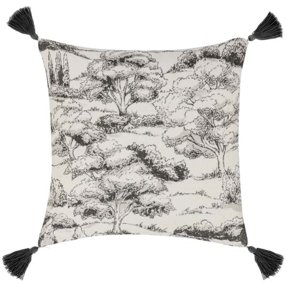 The Presley Charcoal Throw Pillow, 22" square, showcases a black-and-white pastoral landscape with trees. Finished with black corner tassels and a luxe feather-down insert, it blends vintage charm with plush comfort for your home.