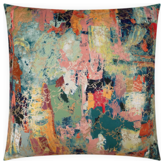 Introducing the Art De Vivre Throw Pillow, a square decorative pillow that boasts a luxurious and colorful abstract pattern. The 20x20 design showcases a vibrant mix of orange, teal, pink, green, and blue hues with elegant gold accents. Filled with a feather and down insert, the abstract shapes deliver a visually dynamic and artistic appeal.