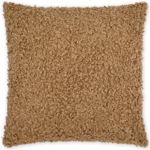 The Lambsy Camel Throw Pillow features a 22x22 square design in warm beige, with a textured, curly surface resembling lamb's wool. Its cozy charm is enhanced by tightly packed loops and clean edges, plus a Luxury Feather Insert for added plushness.