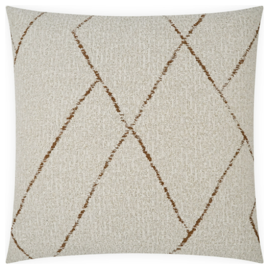 The Potion Throw Pillow showcases a textured, cream-colored fabric with a geometric pattern of intersecting, slightly irregular brown lines forming elongated diamond shapes across the surface. Designed to fit an insert 22x22, its luxury feather and down fill adds a modern yet cozy aesthetic.