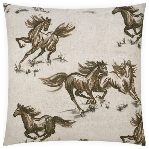 The Dakota Throw Pillow is a 22x22 square throw pillow with a beige cover featuring a dynamic design of running horses in shades of brown and black. The horses, captured in mid-gallop, evoke wild energy against the neutral background. It comes complete with a luxury feather down insert for added comfort and elegance.