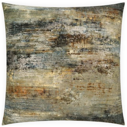 The Serston Green Throw Pillow is a square cushion with an abstract design showcasing muted hues like gray, blue, brown, and orange. The pattern features a combination of horizontal and vertical brushstrokes, giving it a weathered and textured appearance. It is filled with premium down for an extra touch of luxury.