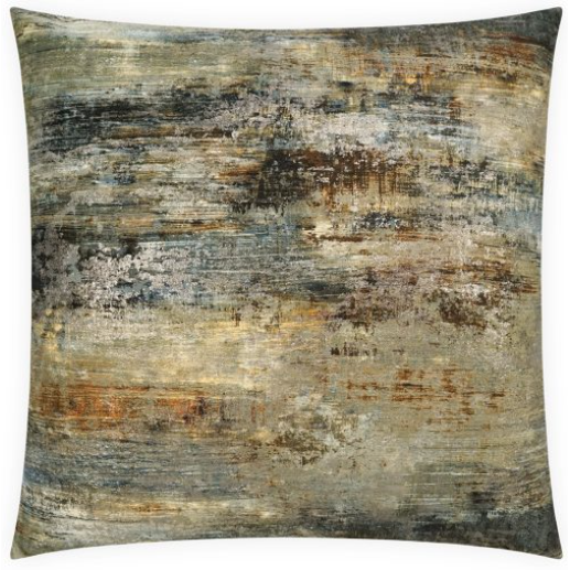 The Serston Green Throw Pillow is a square cushion with an abstract design showcasing muted hues like gray, blue, brown, and orange. The pattern features a combination of horizontal and vertical brushstrokes, giving it a weathered and textured appearance. It is filled with premium down for an extra touch of luxury.