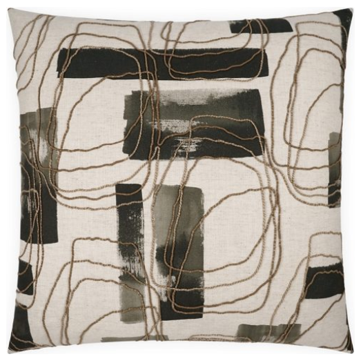 The Freeform Ink Throw Pillow is a square cushion with a white fabric base, adorned with abstract black and gray rectangular shapes. Its design features overlapping brownish-gold embroidered lines that loop and intertwine across the cushion's surface. The overall aesthetic is modern and artistic, enhanced by a luxurious feather and down insert.
