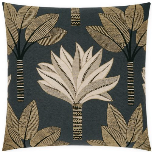 The Orman Throw Pillow is a 22x22 square pillow with a dark background, showcasing an intricate pattern of stylized trees adorned with beige, gold, and brown leaves. The leaves and trunks feature detailed geometric designs. This luxurious pillow comes with a premium feather down insert and seamlessly blends modern and tropical styles.