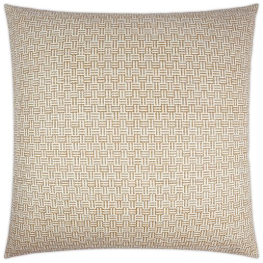 The Thatchwork Throw Pillow showcases a luxurious woven geometric pattern in beige and white. With its interlocking grid of small rectangular shapes, it is filled with a feather and down insert, making it an ideal addition to modern or contemporary decor.
