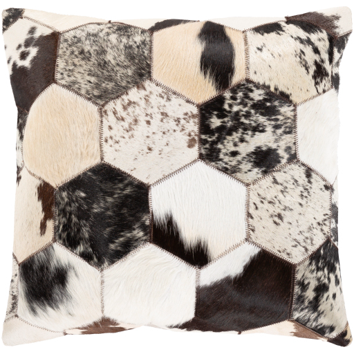 The Patchwork Hair on Hide Throw Pillow showcases a square design adorned with hexagonal pieces of cowhide in an array of brown, black, gray, and white shades. The cowhide elements feature diverse textures and patterns that contribute to a rustic and natural aesthetic. Each hexagon is meticulously stitched together with visible seams and includes a feather down insert for enhanced luxury.
