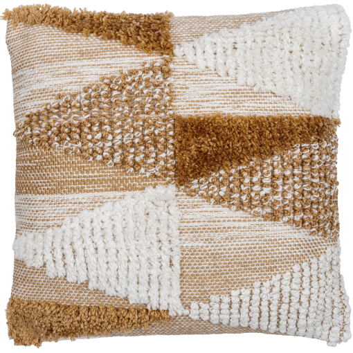 Introducing the Autumn Harvest Textured Throw Pillow, a square decorative piece showcasing a woven design in cream, beige, and brown. Its pattern features alternating diagonal stripes with diverse textures like boucle and shaggy finishes. Filled with a plush feather down insert, this pillow offers a luxurious geometric and earthy aesthetic.