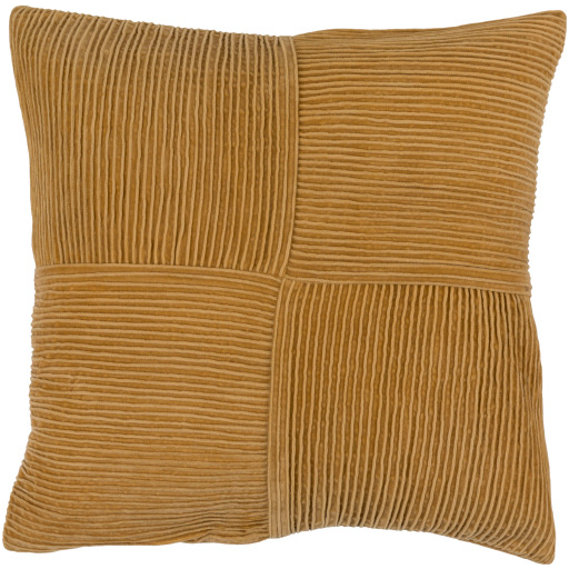 The Mustard Ribbed Throw Pillow is a 20x20 square cushion in a warm ochre color, featuring a textured ribbed pattern. Divided into four quadrants, it showcases vertical corduroy-style lines that enhance its plush appearance. The soft fabric, feather down insert, and deep, rich hue add a cozy, sophisticated touch of luxury.