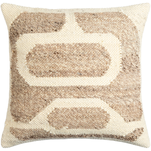 The Traps Woven Throw Pillow is a square decorative pillow with a textured woven pattern, exuding luxury appeal. It features abstract geometric shapes in shades of beige and cream, with a central oval motif creating a symmetrical layout. Filled with feather down, the fabric offers a natural, rustic appearance.
