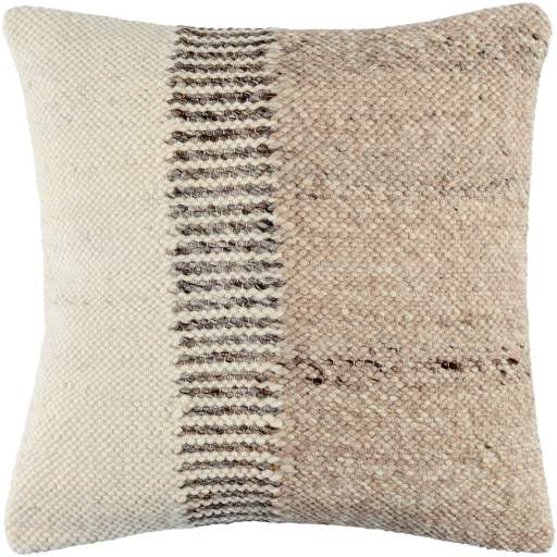 The Traps Beige Throw Pillow is a 20x20 inch square, textured cushion with a woven design. The left third is off-white with vertical gray stripes, and the right side has a light brown pattern. Filled with feather down, it boasts a luxurious feel and chunky, cozy appearance reminiscent of handwoven rustic style.