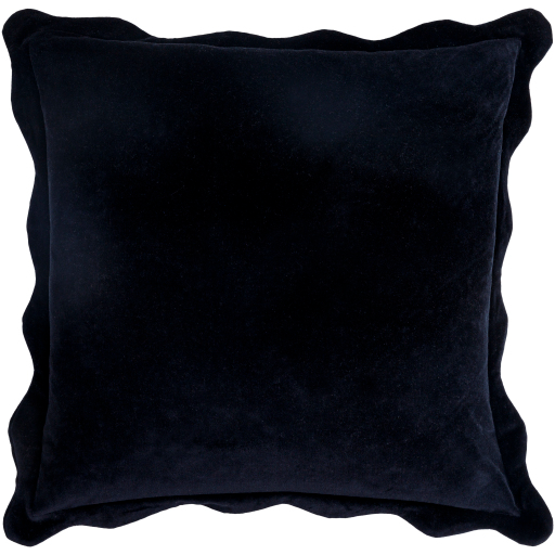 Introducing the Black Scallop Edge Throw Pillow, a luxurious square pillow featuring a soft and plush black velvet fabric with subtle sheen. Measuring 20x20 inches, its simple, elegant design is accentuated by slightly darker edges creating a unique framed effect. Enhanced by a feather down insert, this sophisticated accessory is perfect for adding elegance to any sofa or bed.