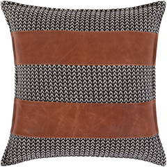 The Havana Leather Stripe Throw Pillow features a 20x20 square design with brown leather bands and black-and-white zigzag fabric stripes, creating a textured, modern look. The alternating patterns and feather down insert add a luxurious touch.