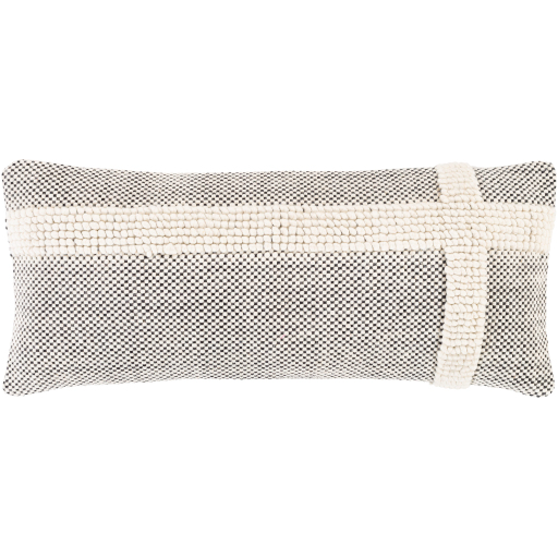 The Ivory Lattice Pom Bolster features a black and white small-scale diamond pattern with a thick, textured cream stripe and vertical accent, plus an ultra-soft feather down insert for luxurious comfort and style.