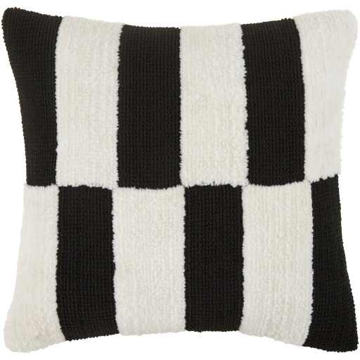 The Chessboard Throw Pillow is an elegant 18x18 square featuring a checkerboard design with alternating black and white textured stripes. Its soft, plush fabric is complemented by a feather down insert, showcasing a balanced, symmetrical look with four black and four white stripes.