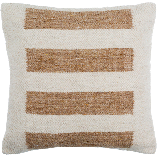 The Natural Strips Throw Pillow features a textured cream background with three wide horizontal brown stripes and a soft, woven look. It includes an 18x18 luxury feather down insert for plush comfort and showcases natural, earthy colors.